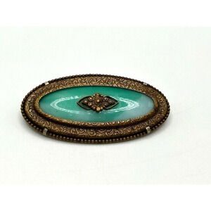 Vintage Brass & Jadeite Glass Art Nouveau Oval Brooch Pin Marked France